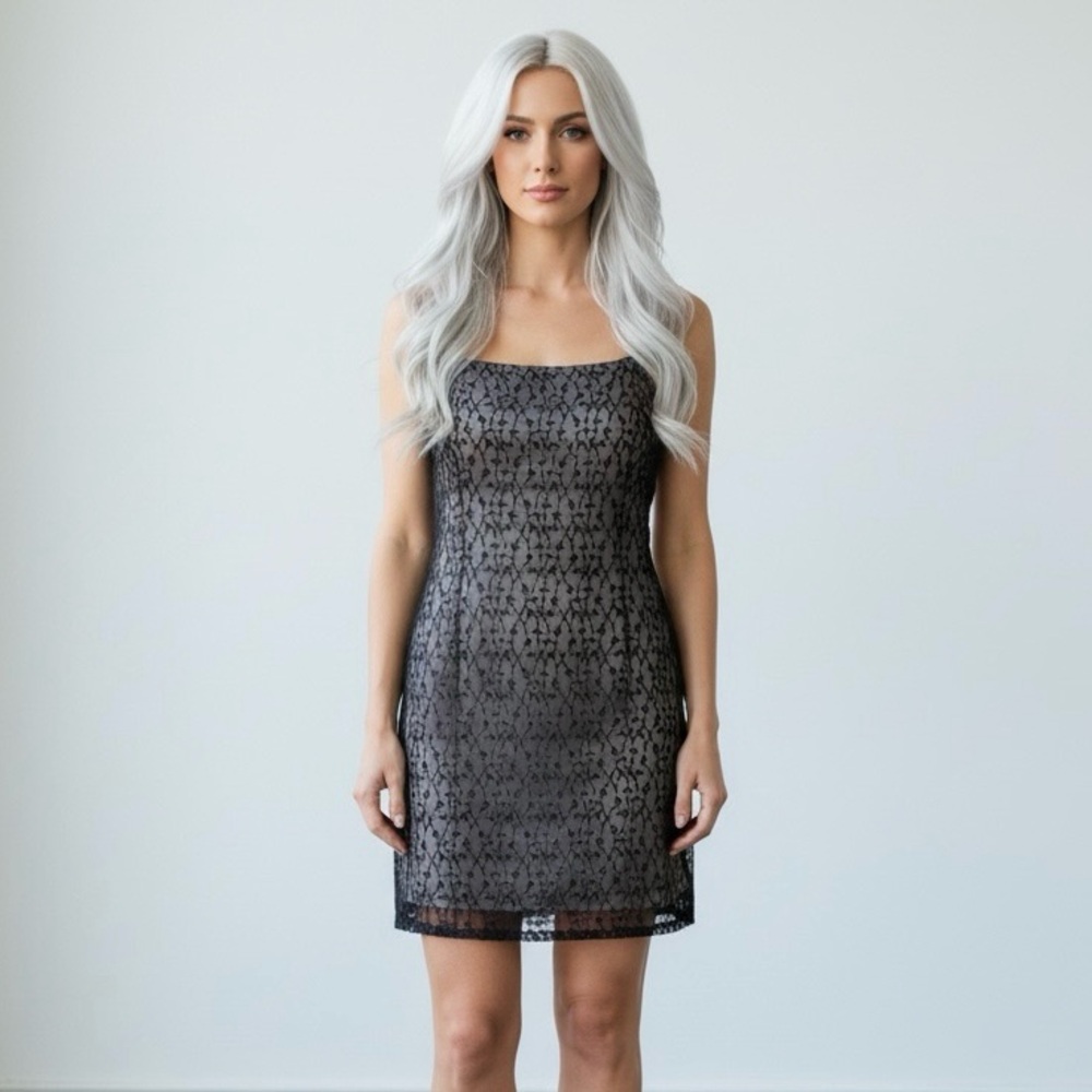 Jones New York Vintage Floral Embroidered Spaghetti Strap Midi Grey Shift Dress